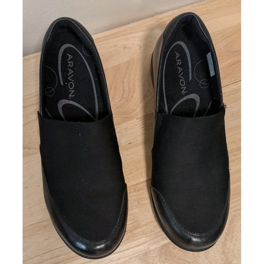 Aravon Abbey A Line Women 7.5 Leather Slip-On Shoes Aetrex Insoles Black Comfort - Picture 2 of 8